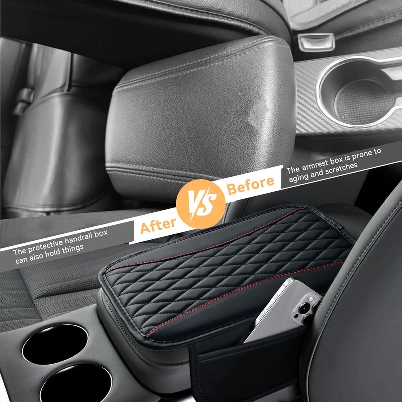 Tioollev Patchwork Leather Car Center Console Cover,Microfiber Leather Vehicle Armrest Protector Cushion with 2 Storage Bags,Universal Cars Armrest Cushion for SUV, Sedan, Truck (Black) - Image 3